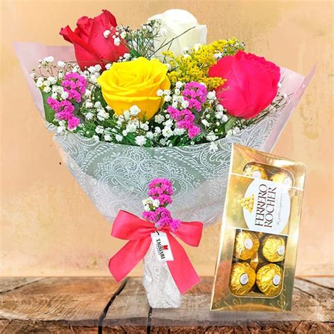 Buqu Rosas Coloridas E Ferrero Floricultura Taquari Flores