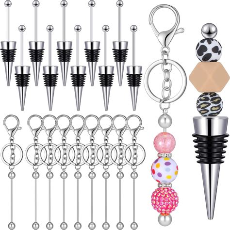 Quelay 20 Pcs Beadable Keychain Bars Blank Beaded Wine Bottle Stopper Kit Diy