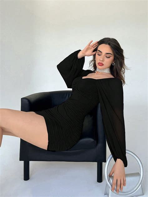 Shein Priv Vestido S Lido De Manga Larga Con Pliegues En El Pecho Y