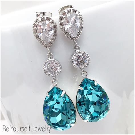 Teal Blue Bridal Earrings Sea Green Teardrop Bride Earrings Swarovski