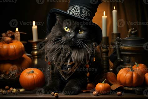 A playful yet stylish image of a black cat donning a Halloween costume ...