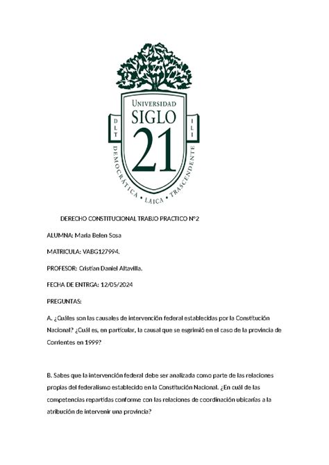 Derecho Constitucional Trabjo Practico N Derecho Constitucional