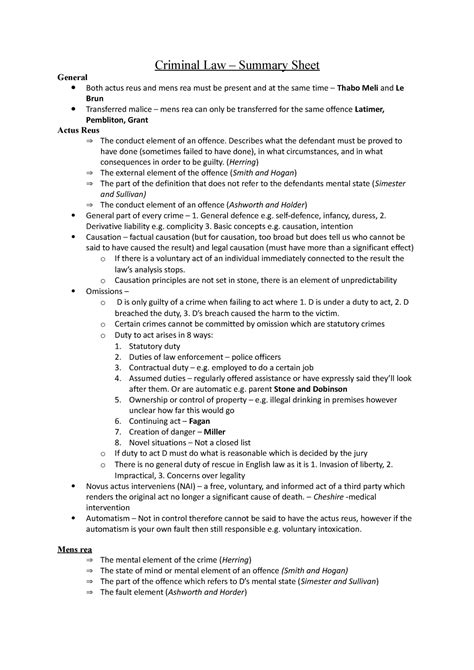 Summary Sheet Criminal Law Summary Sheet General Both Actus Reus