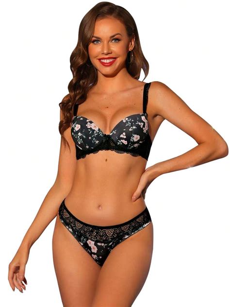 Women S Push Up Sexy Lingerie Set Adjustable Straps Padded Floral Lace Edge Underwired Bras And