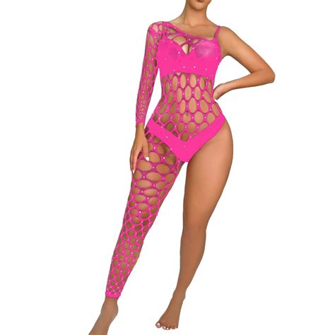 Womens Handmade Diamond Sparkling Lingerie Single Sleeved Leg Jumpsuit Mesh Plus Size Lingerie