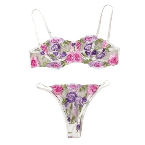 G String Rose Fleurs Broderie Bralette Cupless Dentelle Soutien Gorge Bustier Lingerie Blanc