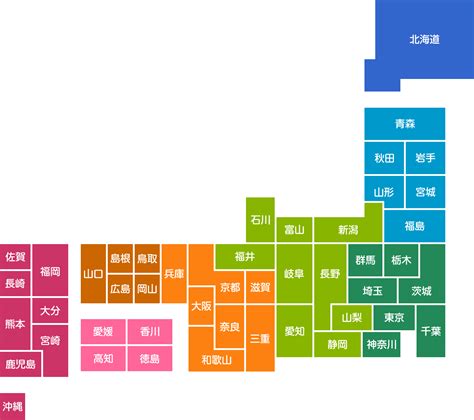 日本地図のデフォルメイラスト無料フリー素材地域色分け都道府県名入り イラストストック