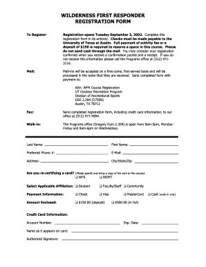 Fillable Online Utexas Wilderness First Responder Registration Form