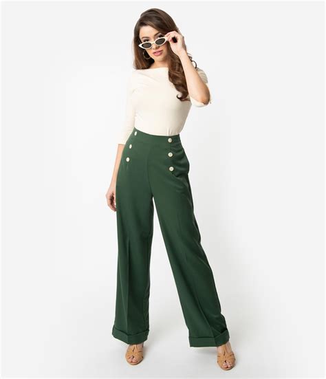 Vintage High Waisted Trousers Sailor Pants Jeans 1940s Style Forest