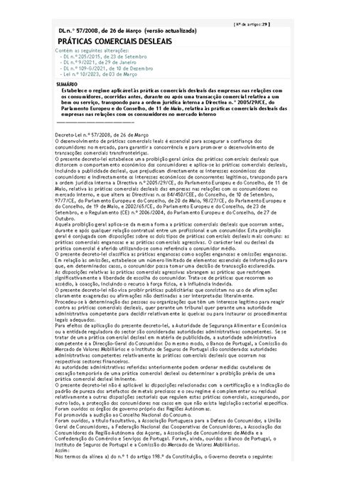 Práticas comerciais Desleais Nº de artigos 29 DL n º 57 2008 de