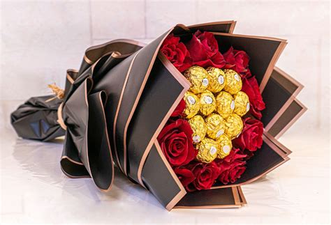 Red Rose And Ferrero Rocher Bouquet Flowers By Diamonds Treasures