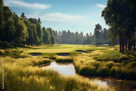 Ilustracja Stock A Serene Golf Course Surrounded By Lush Greenery And