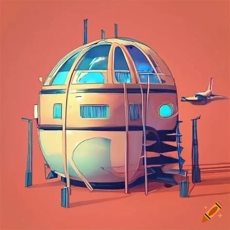 Retro Futuristic Technical Drawing Of A Unique Living Pod With Landing