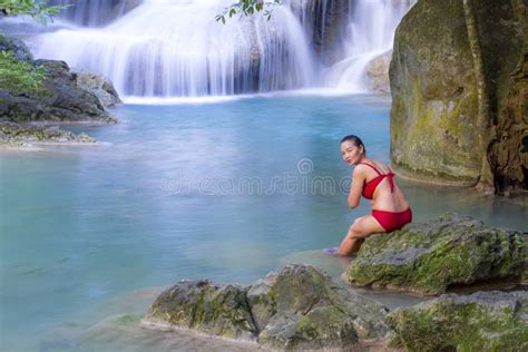 Woman With Red Bikini Enjoy Water At Erawan Waterfall And Natural Stock Image Image Of Cool
