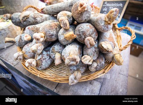 French Sausage Stall On Saturday Market Beaune France Europe Stock