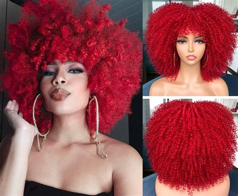 SOFUN Short Curly Afro Wig with Bangs for Black Women - Red Synthetic ...