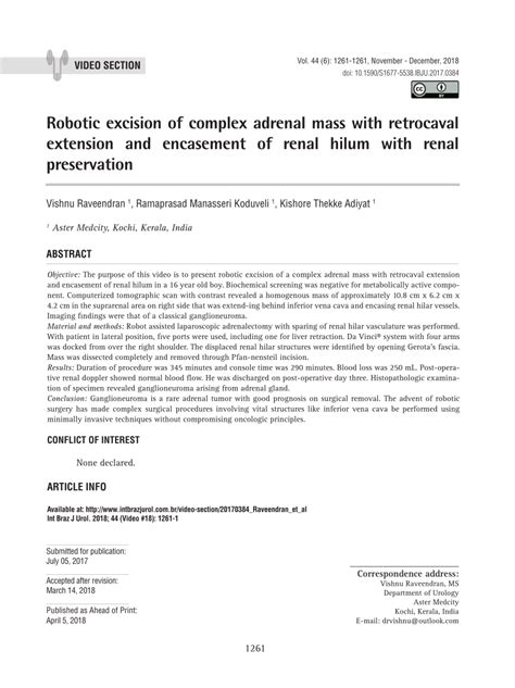 Pdf Robotic Excision Of Complex Adrenal Mass With Retrocaval