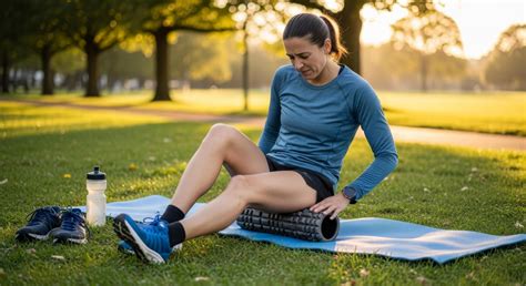 Woman Using Foam Roller for Muscle Recovery Outdoors. 73062257 Stock