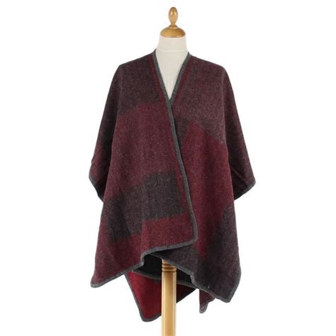 Cape Poncho par dessus châle réversible femme Rouge bordeaux gris et