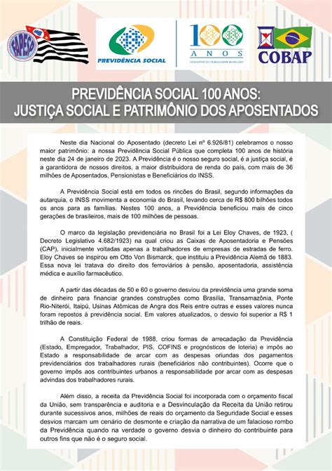 COBAP PREVIDÊNCIA SOCIAL 100 ANOS JUSTIÇA SOCIAL E PATRIMÔNIO DOS