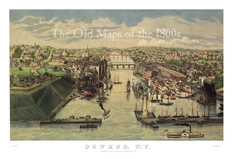 Oswego New York In 1855 Birds Eye View Map Aerial Panorama