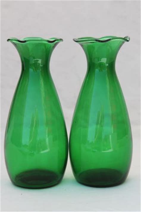 Vintage Anchor Hocking Forest Green Glass Vases Mid Century Mod Bud Vase Set