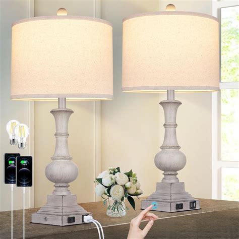 Cinkeda Farmhouse Touch Table Lamps With Usb Ports Ac Outlet Modern 3 Way Dimmable Resin Bedside