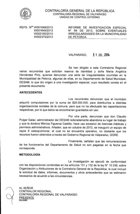 Informe De InvestigaciÓn Especial Contraloria N° 69 De 2013 Sobre E