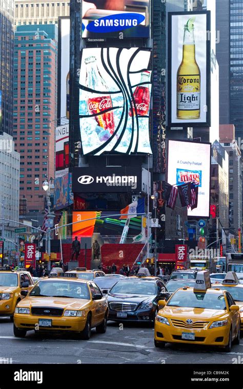 New York City Street Scene In Times Square Manhattan Taxi Cab Taxis