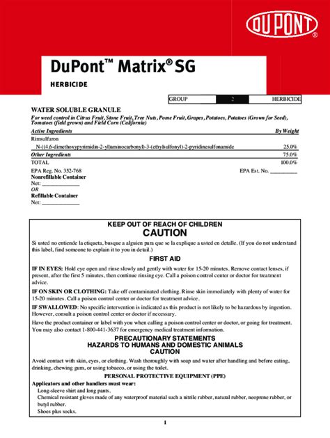 Fillable Online U S Epa Pesticides Label Dupont Matrix Sg Fax