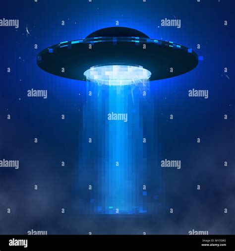 Ufo Alien Spacecraft With Light Beam And Fog Ufo Vector Illustration