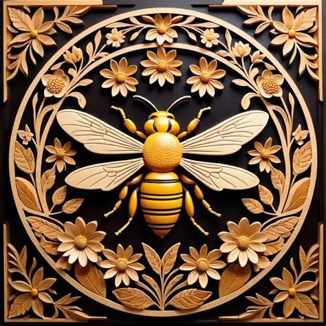 Woodcut Of A Bee Surrounded By Flowers And Leaves I