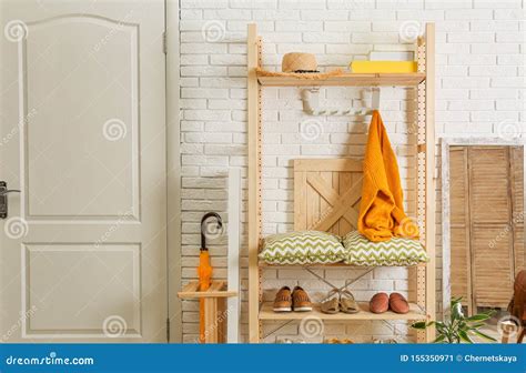 Cozy Hallway Interior With Shelving Unit Stylish Design Idea Stock