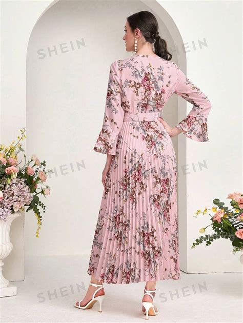 Shein Modely Floral Print Flounce Sleeve Pleated Hem Belted Dress