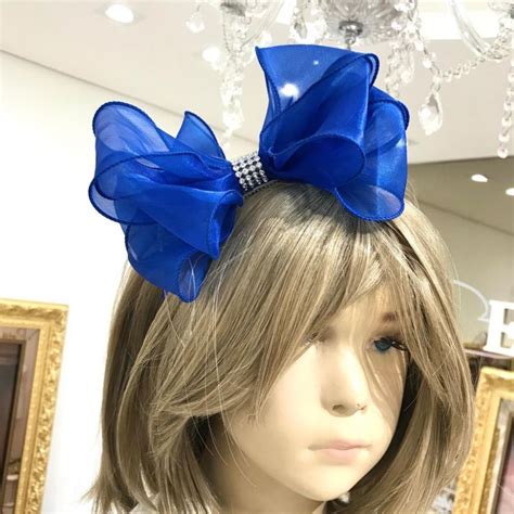 Tiara Boneca Super Luxo Laço de Fita Importada Azul Royal Cristal