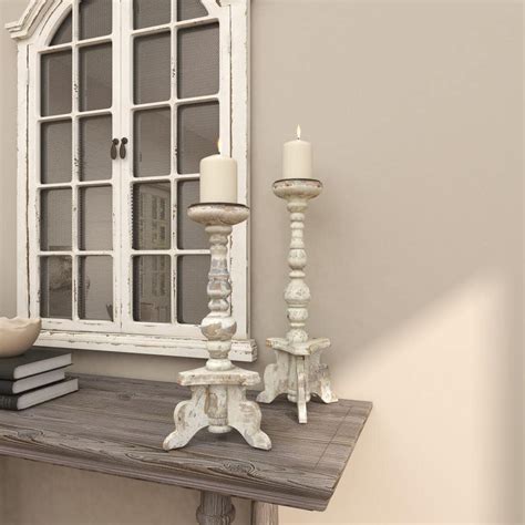 Litton Lane White Wood Tall Candle Holder With Distressed Accents Set