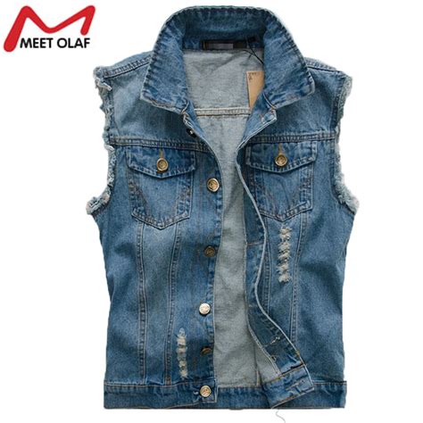 Casual Male Denim Vest Men Spring Autumn Hole Vintage Sleeveless Jeans