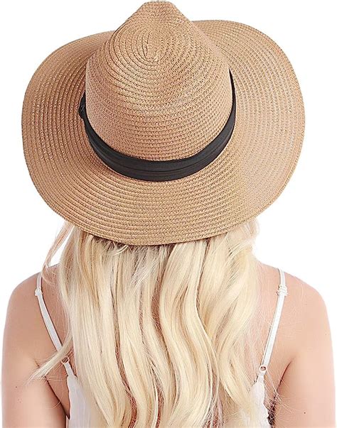 Womens Straw Hat Wide Brim Floppy Beach Cap Adjustable Sun Hat For