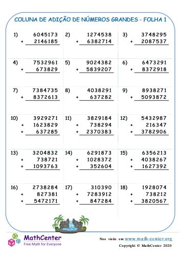 Coluna De Adi O De N Meros Grandes Folha Planilhas Math Center