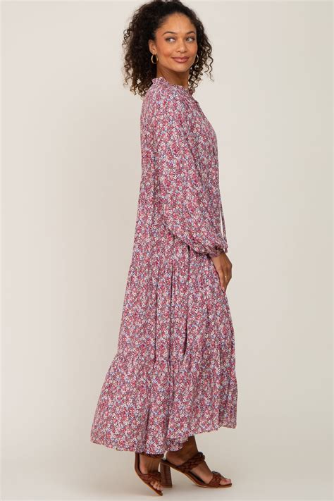 Magenta Floral Tiered Long Sleeve Dress Pinkblush