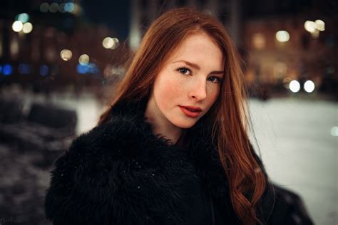 Portrait Long Hair Freckles Coats Red Lipstick Depth Of Field