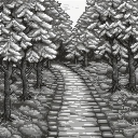 Pixel Art Depicting A Serene Black And White Path Through A Lush