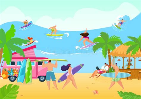 Océano De Verano De Playa Con Ilustración Vectorial De Grupo De