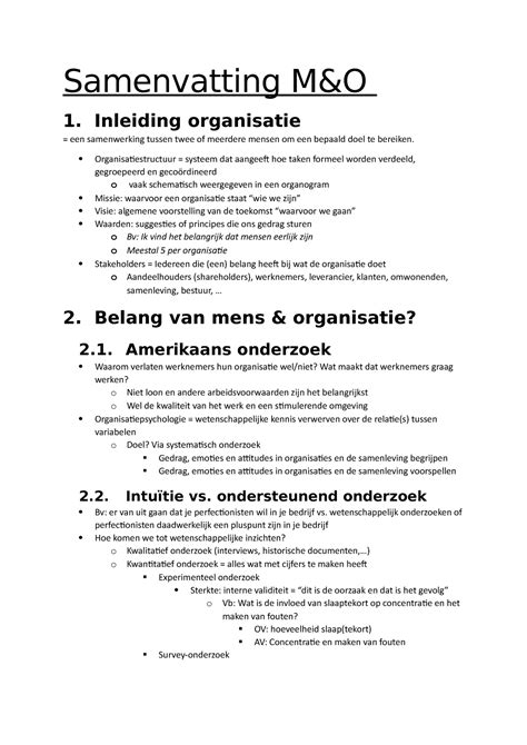 Mens En Organisatie Samenvatting Samenvatting M O Inleiding