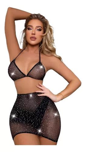 Lingerie Sexy Top E Mini Saia Arrastão Strass Sensual