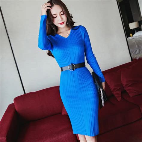 Womens V Neck Sweater Dress 2018 Long Sleeves Fashion Elegant Knit