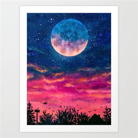 Unique Oil Painting Fuchsia Pink Neon Sunset Blue Night Sky Giant Moon ...