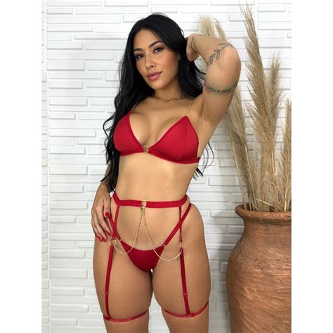 Conjunto Lingerie Sensual Fio Dental Cinta Liga E Correntes