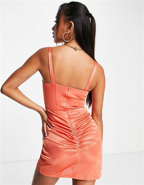 Asos Design Cami Cupped Corset Satin Mini Dress In Coral Orange