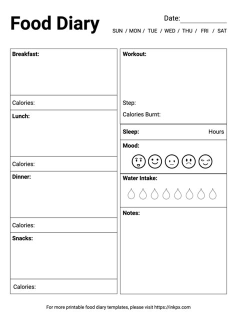 Free Printable Simple Black And White Daily Food Diary Template InkPx